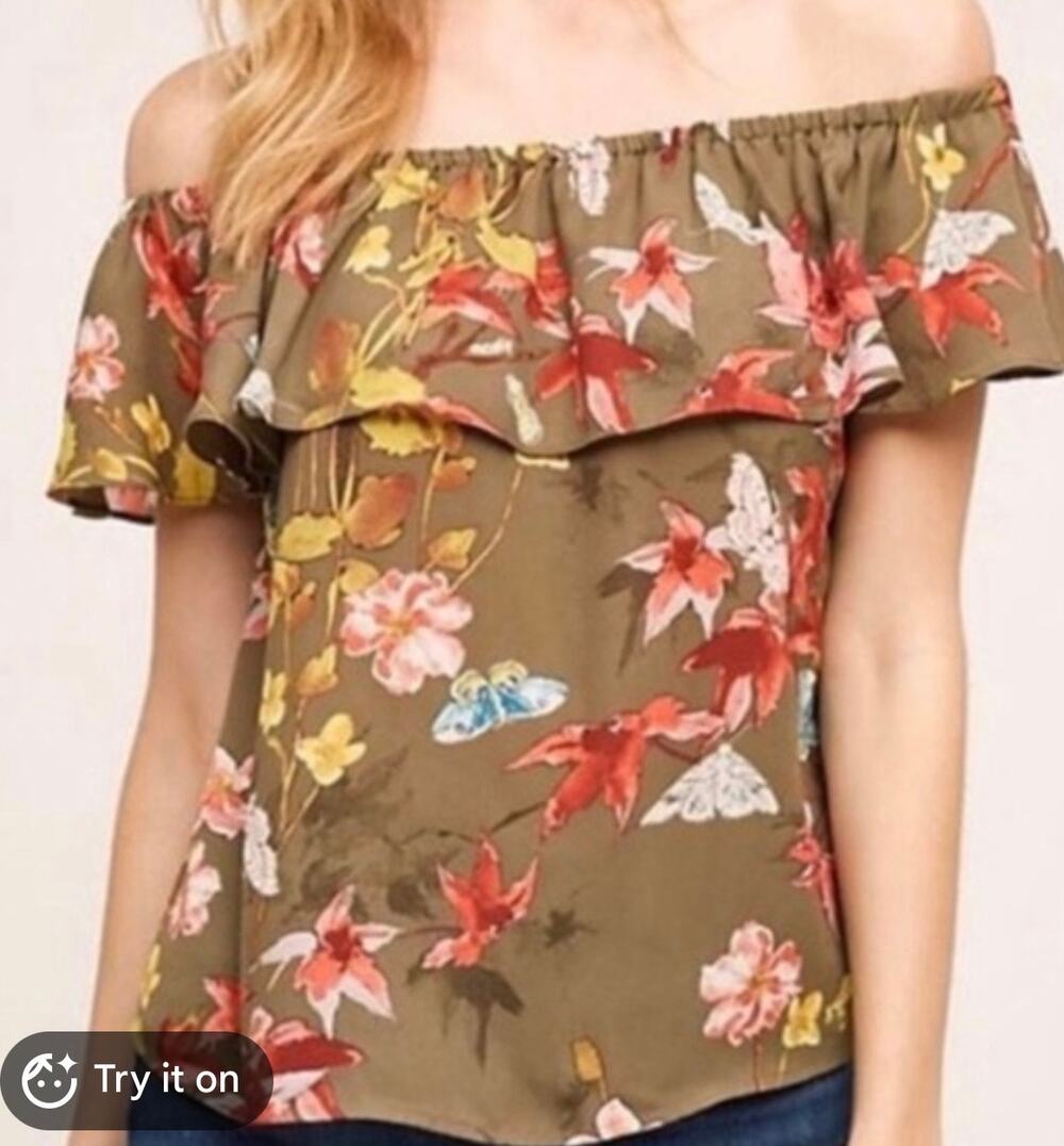 Mauve by Anthropologie Green Floral Butterfly Off-The-Shoulder Blouse-Size XL